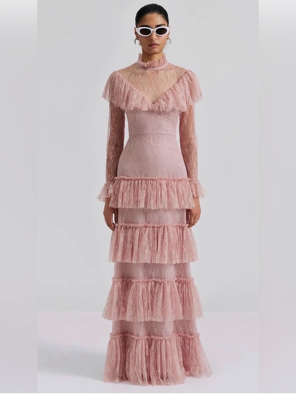 By Malina Elegant Pink Tiered Lace Maxi Dress